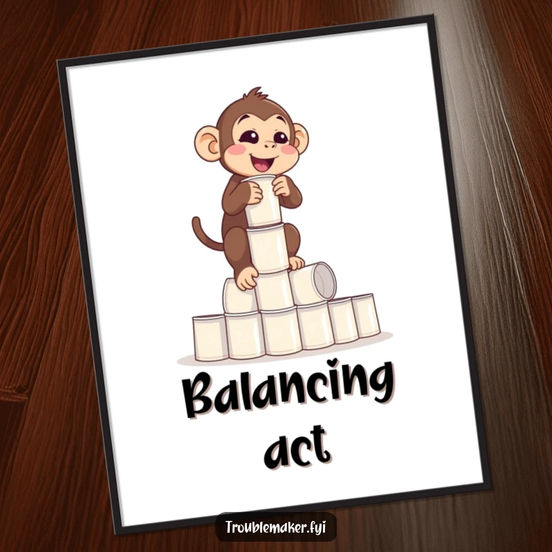 Funny Balance Monkey Digital Art Print of a monkey precariously balancing a tower of empty cups, symbolizing life's juggling act, perfect funny gift.