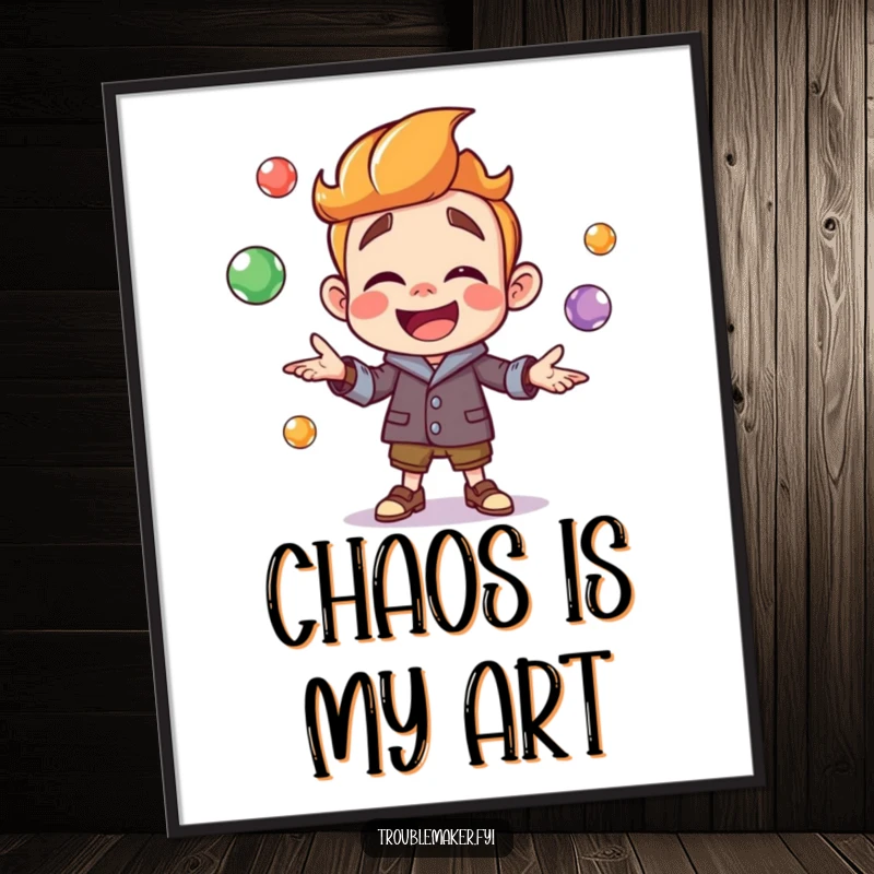 Funny troublemaker character joyfully juggling colorful marbles, presented as digital art for instant download and vibrant, playful decor.