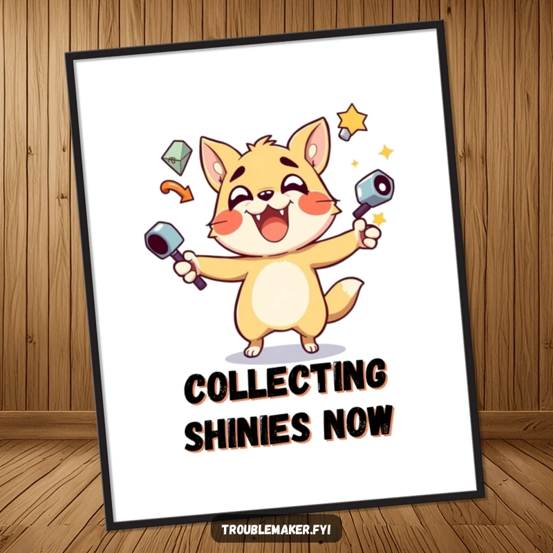 Funny Digital Art Print of a mischievous animal character juggling many shiny objects, creating a vibrant and captivating scene.