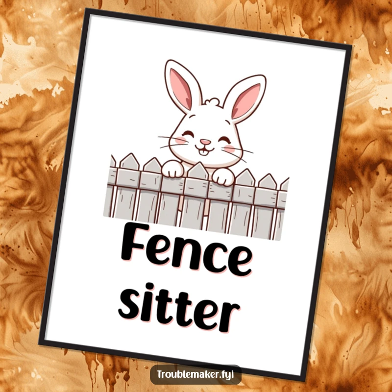 Funny digital art print of a mischievous rabbit with a wide, cheeky grin peeking over a fence, ready to download and display.