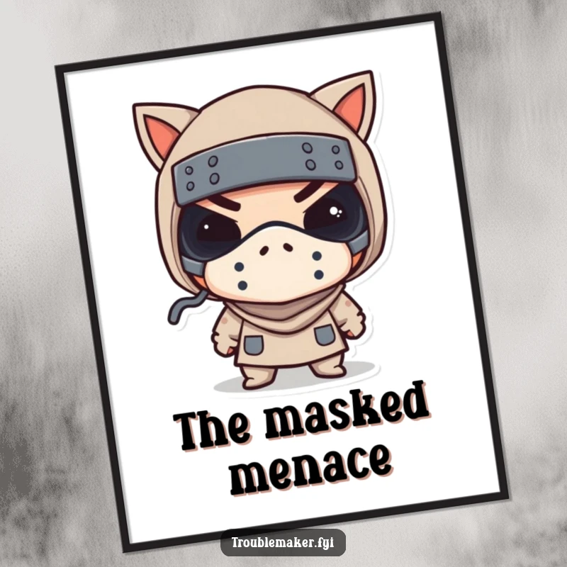 Funny digital art print of a troublemaker in a tiny bandit mask winking, ideal for playful and charming decor.