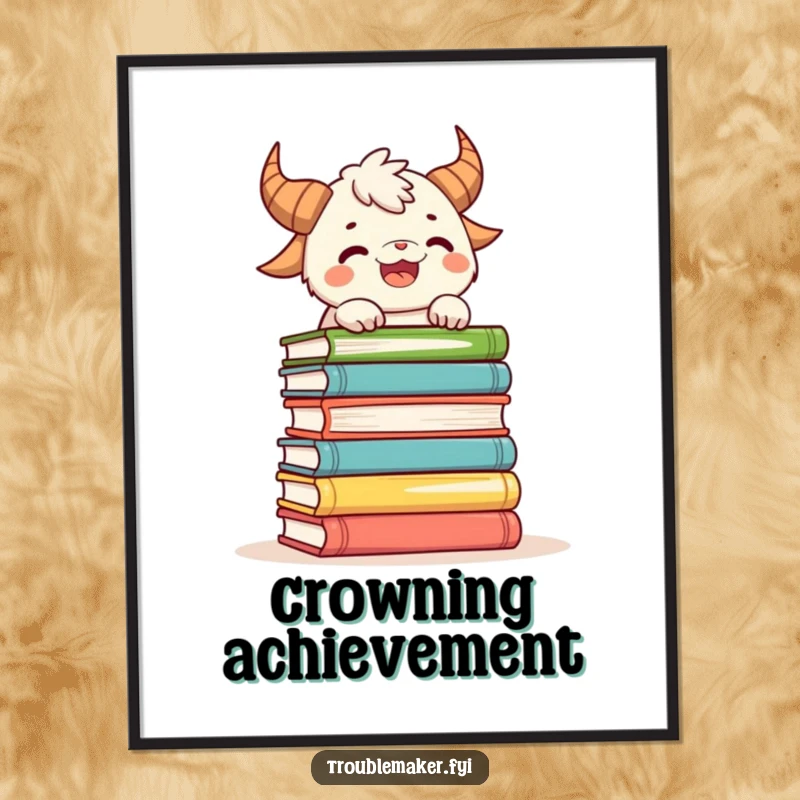 Funny digital art print of a playful horned creature balancing a stack of books, perfect for literary decor.