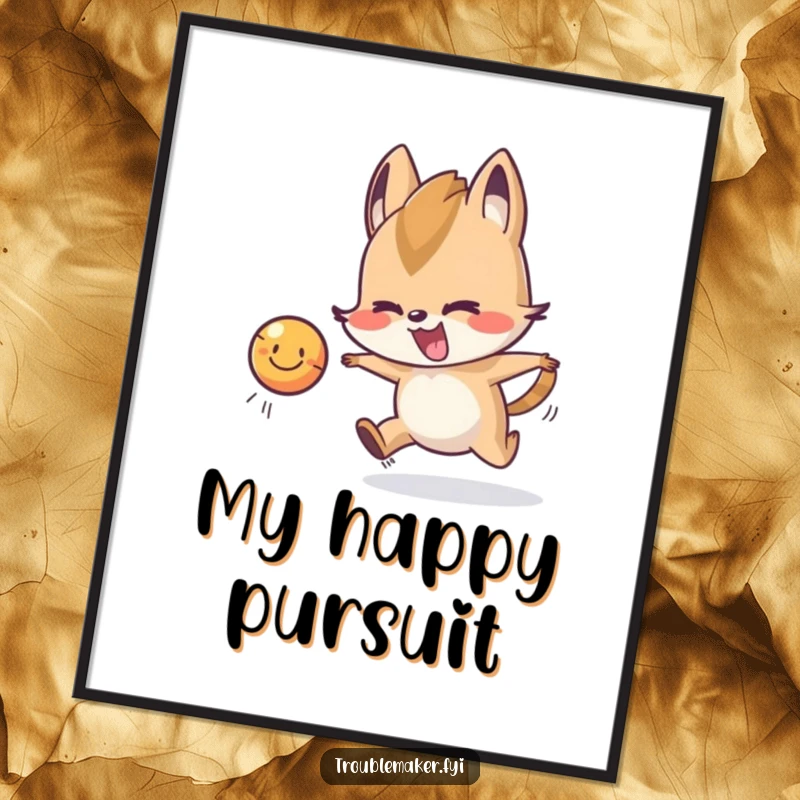 Funny Digital Art Print of a mischievous animal character playfully chasing a smiling, bouncing ball, creating a dynamic and fun scene.