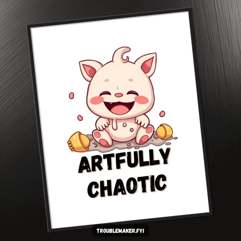 Funny digital art print of a creature with a wide, innocent smile amidst a delightful mess, a humorous and charming depiction of pure joy.