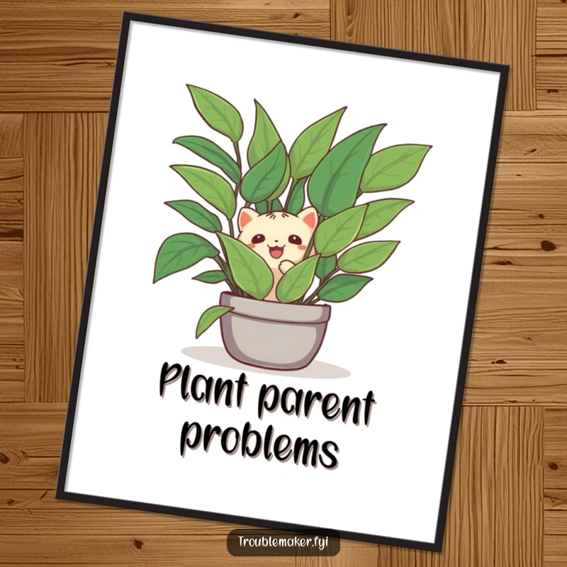 Funny digital art print of a creature playfully hiding behind a large houseplant, a humorous depiction of peaceful seclusion and joy.