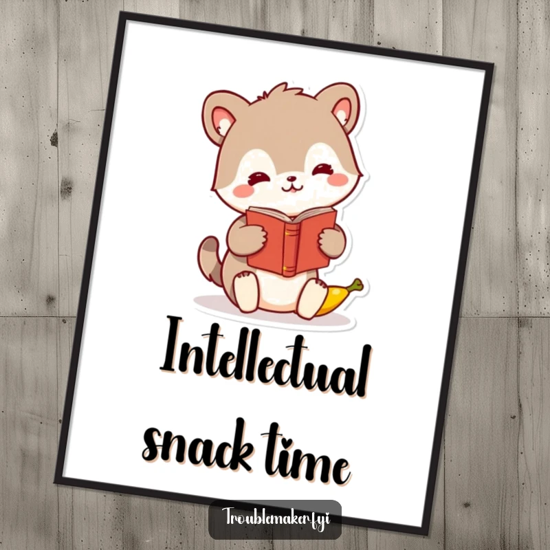 Funny animal character digital art print, humorously swapping a book for a banana, ideal for instant decor.