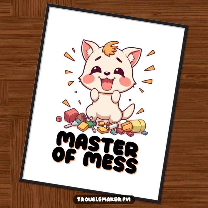 Funny digital art print of a happy animal character enthusiastically creating small, chaotic messes, embodying playful fun and humorous disarray.