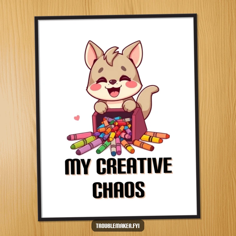 Funny digital art print of a cute trouble maker animal character joyfully spilling a box of colorful crayons, perfect for vibrant art humor.