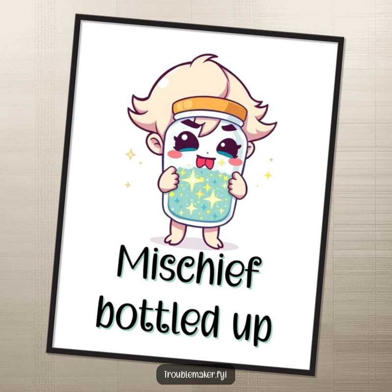 Funny Digital Art Print of a troublemaker character holding a jar of sparkling mischief, offering an instant dose of playful energy and humor.