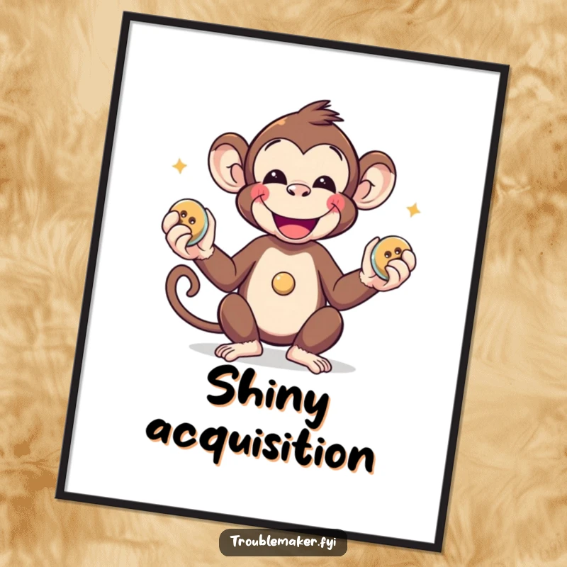Funny monkey juggling shiny buttons as a colorful and cheerful digital art print.