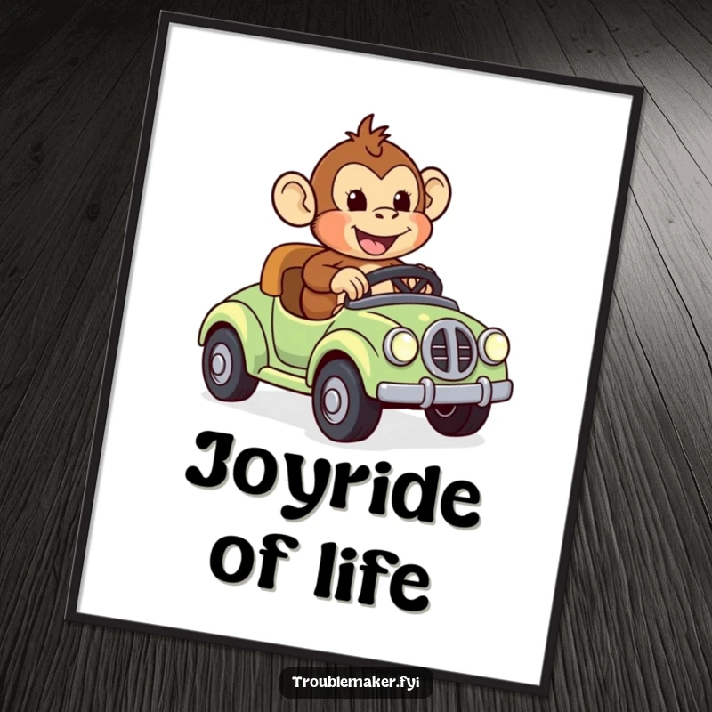 Funny digital art print of a monkey joyfully riding a runaway toy car, embodying pure exhilaration and the spirit of playful adventure.