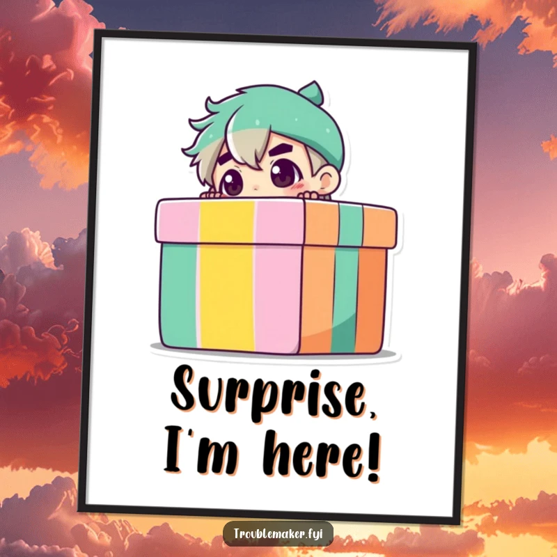 Funny Digital Art Print of a troublemaker character peeking from a gift box, offering an instant dose of curiosity and playful humor.