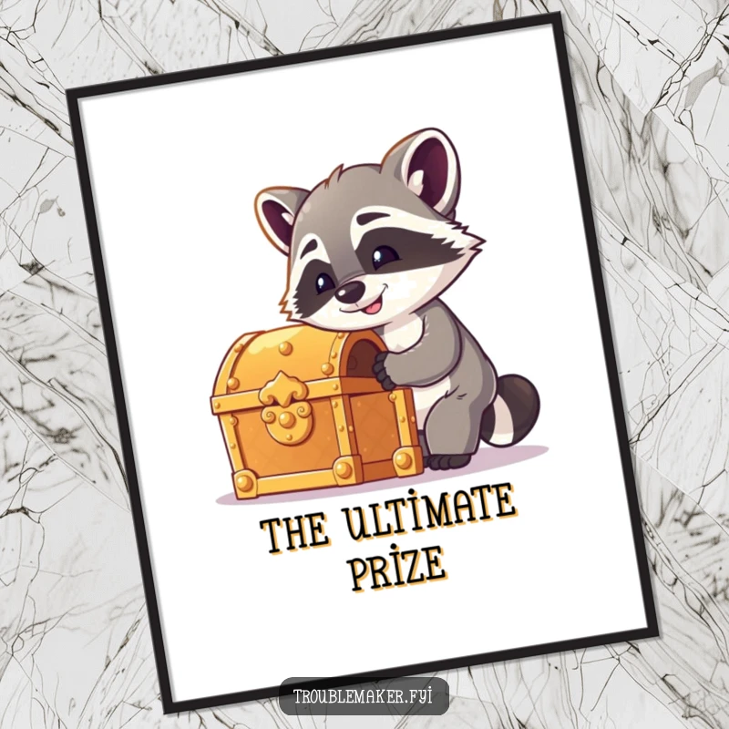 Funny raccoon digital art print of a cheeky raccoon picking a treasure chest lock, offering instant humorous and adventurous wall decor.