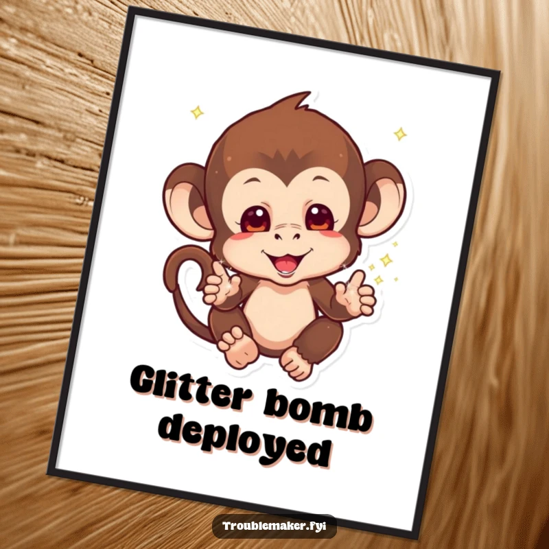 Funny Sparkle Monkey Digital Art Print of a mischievous monkey with sparkles falling from its hands, capturing magical delight, perfect funny gift.