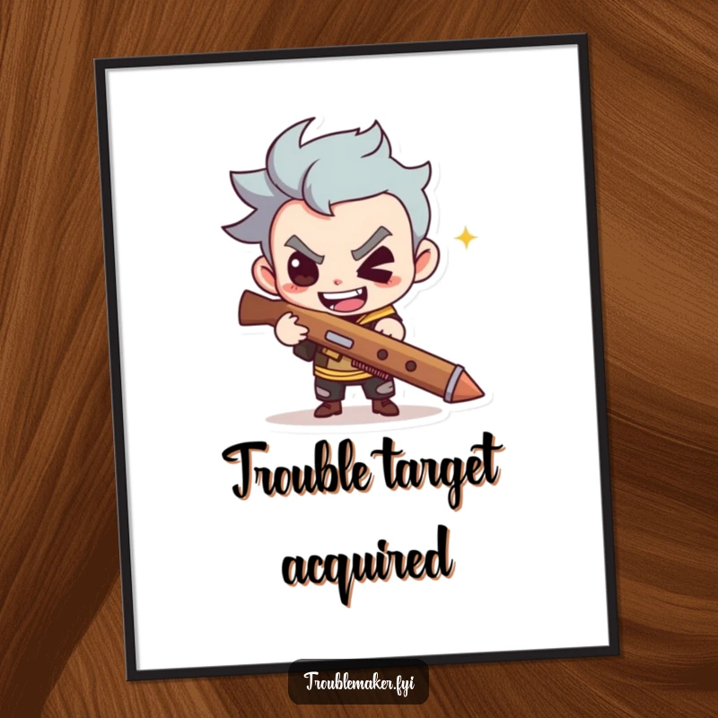 Funny digital art print of a cute troublemaker with a mischievous grin holding a slingshot, ideal for playful decor.