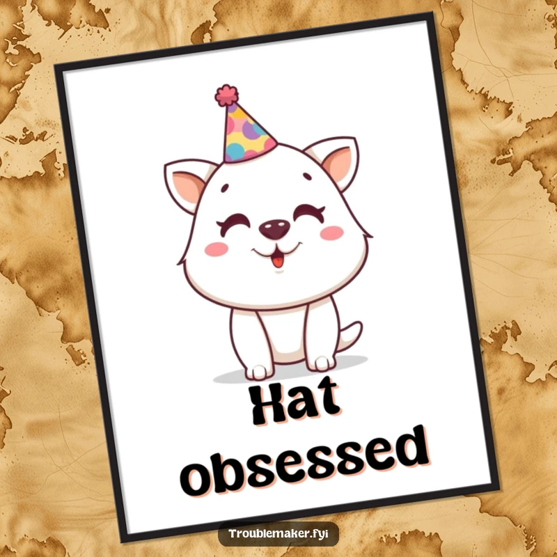 Funny digital art print of a mischievous animal character wearing a tiny, crooked party hat, embodying a fun, festive, and humorous party spirit.