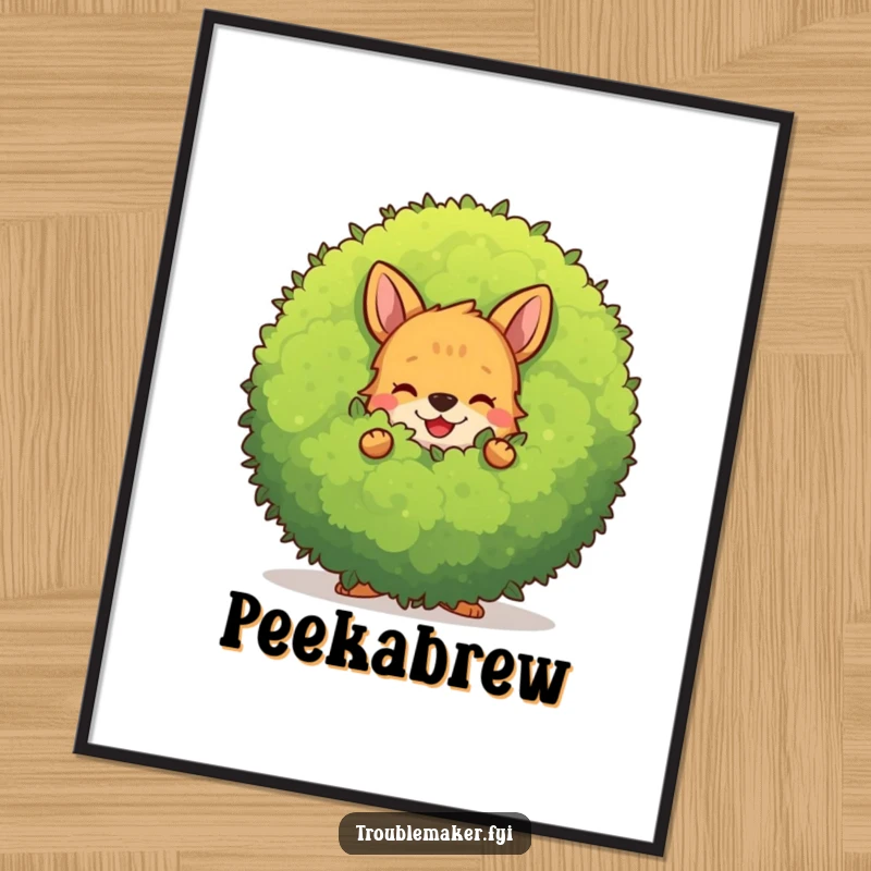 Funny mischievous animal character hiding behind a large, smiling bush, ready for digital download and printing.