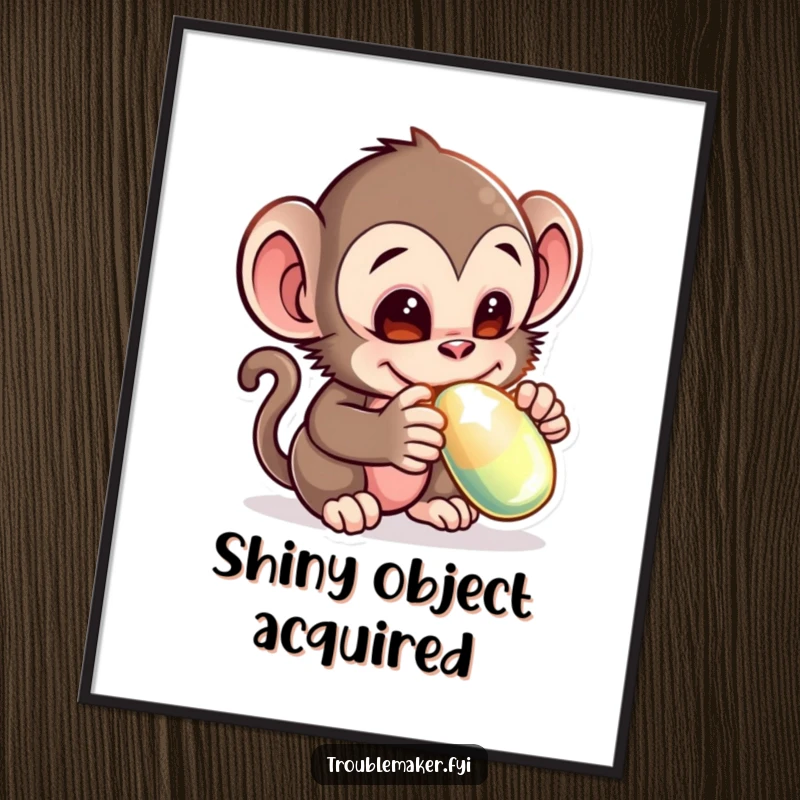 Funny digital art print of a mischievous monkey creature adorably stealing a shiny object, adding a whimsical and humorous focal point to any digital display.
