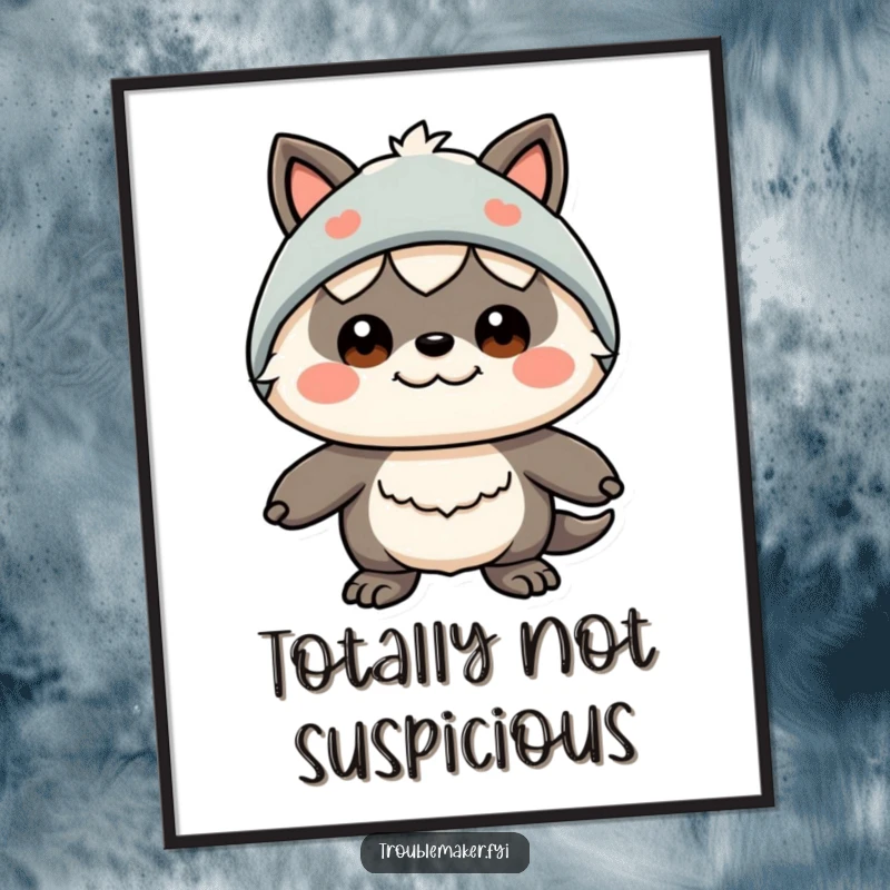 Funny digital art print of a creature with a funny expression in a silly disguise, creating a humorous and captivating visual for any digital display.