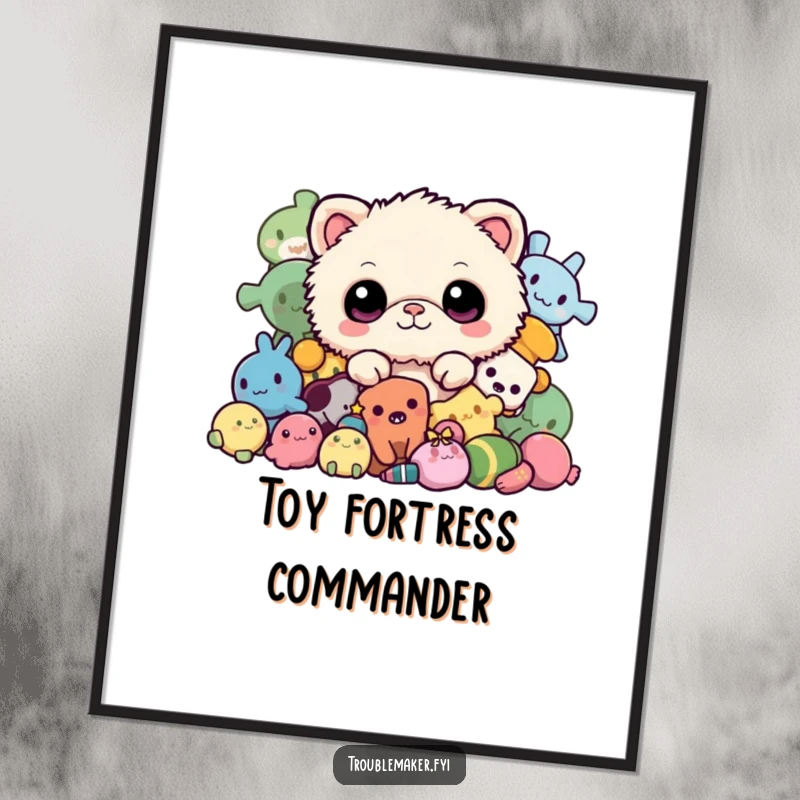 Funny digital art print of a fuzzy creature peeking from a pile of toys, creating a charming and humorous visual for any digital display.