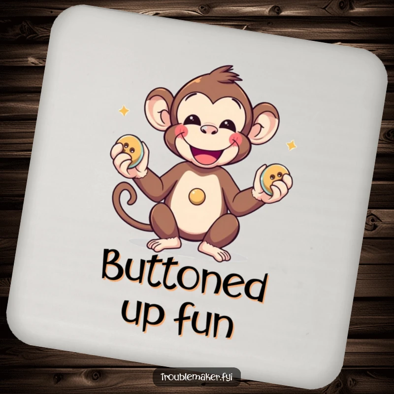 Funny smiling monkey juggling shiny buttons on a set of protective drink coasters.