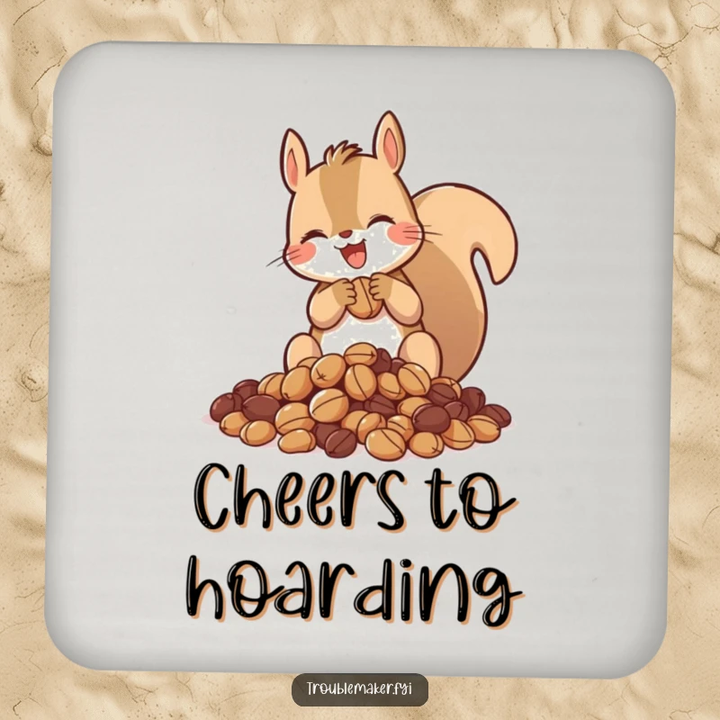 Funny drink coaster featuring a squirrel gleefully hoarding nuts, adding a touch of playful abundance and humor to any surface.