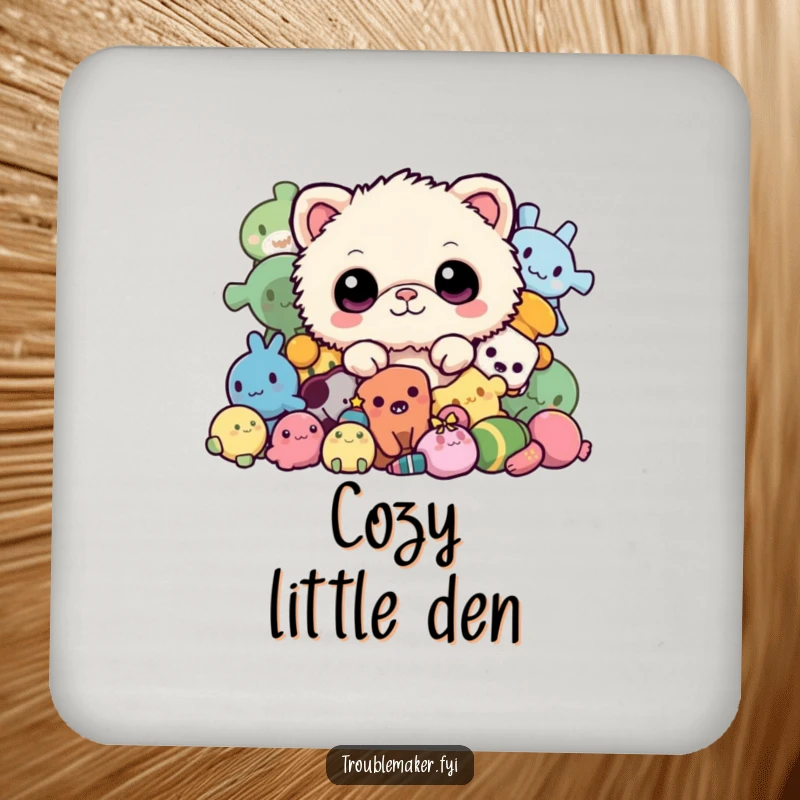 Funny drink coaster with a fuzzy creature peeking from a pile of toys, offering protection with a cute and humorous visual appeal.