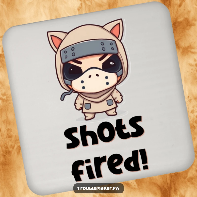 Funny coaster shows a troublemaker in a tiny bandit mask winking, adding a touch of playful mischief to surfaces.