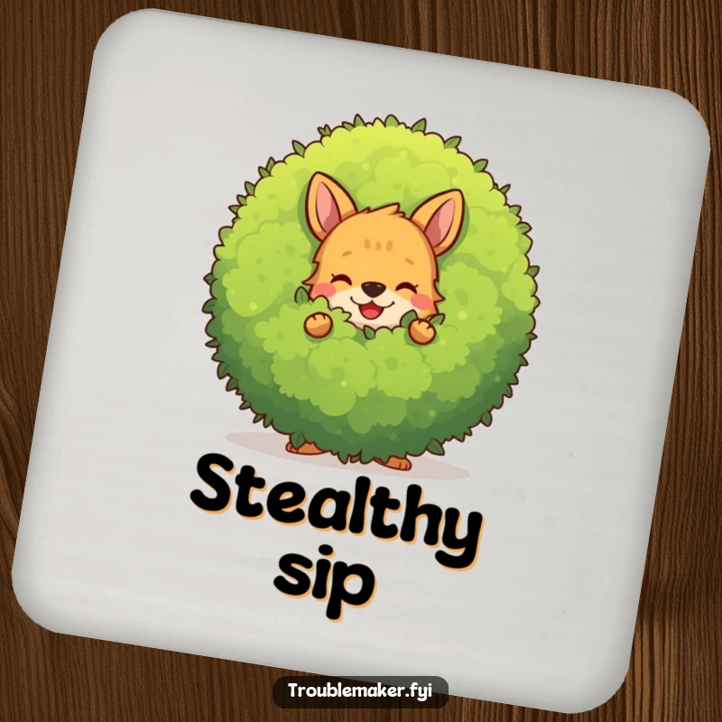 Funny mischievous animal character hiding behind a large, smiling bush, printed on protective drink coasters.