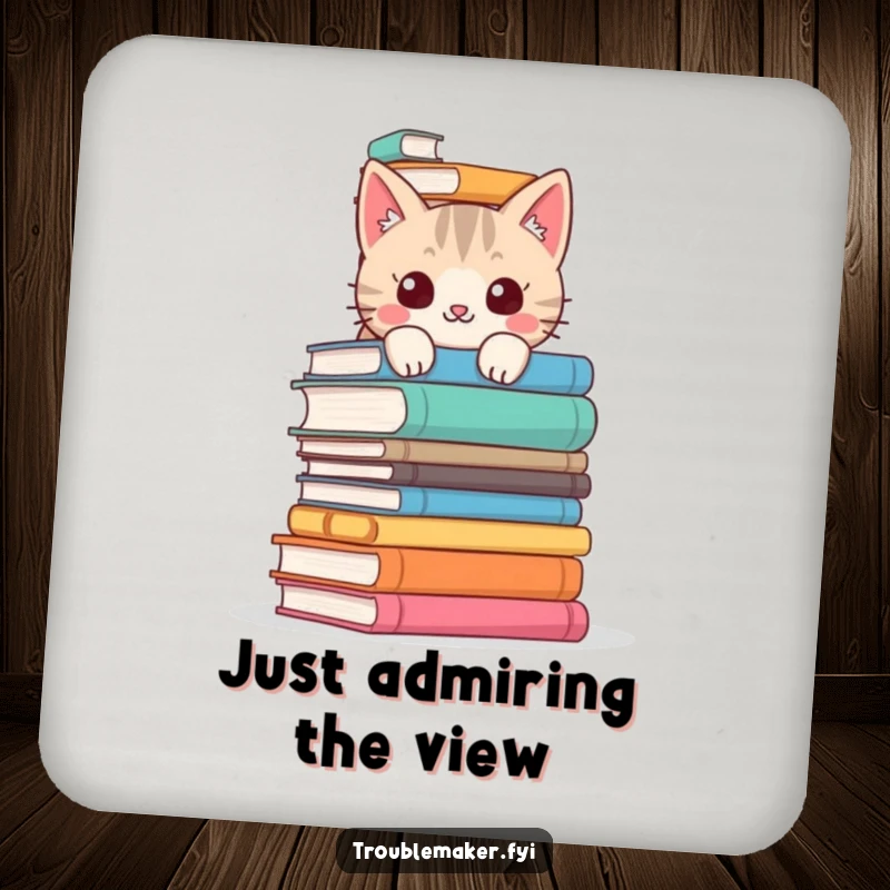 Funny cat coasters featuring a mischievous cat peeking over books, adding humorous protection to surfaces for book lovers.