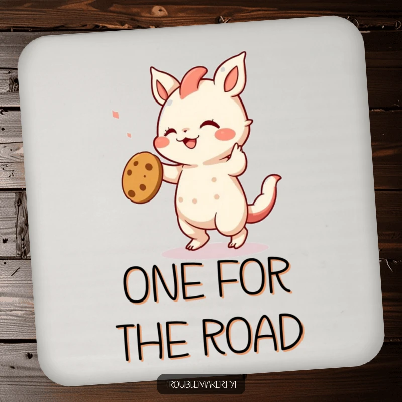 Funny drink coaster showing a creature dancing with a cookie, a humorous design for protecting tables with festive flair.