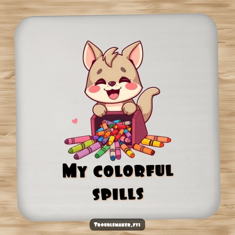 Funny drink coaster with a cute trouble maker animal character joyfully spilling colorful crayons, offering surface protection with art humor.
