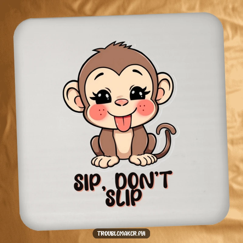 Funny monkey drink coasters featuring a mischievous character sticking its tongue out and winking, offering playful surface protection.