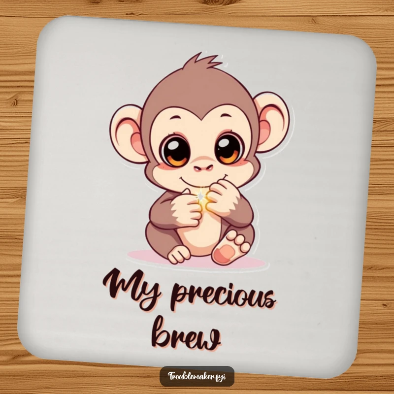 Funny drink coaster depicting a monkey character with sparkling eyes, hiding a shiny object, adding playful mystery and surface protection.