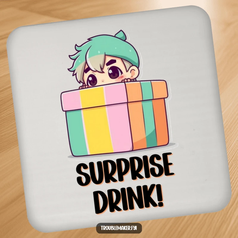 Funny Drink Coasters featuring a troublemaker character peeking from a gift box, adding a touch of playful humor to any setting.