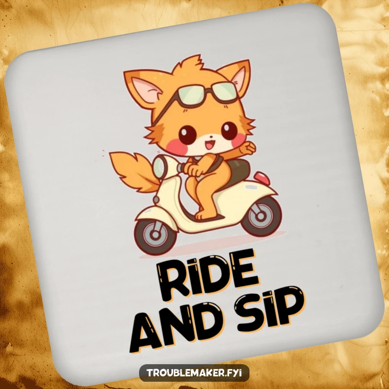 Funny Drink Coaster featuring a trouble maker animal character happily riding a tiny, runaway scooter, adding a dynamic touch to surfaces.