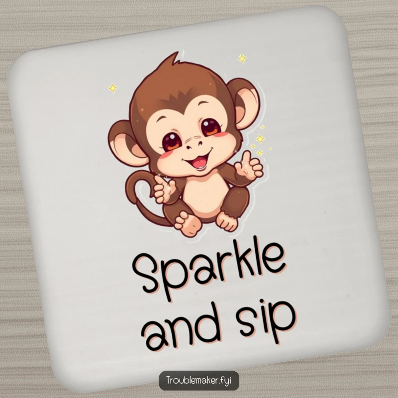 Funny Sparkle Monkey Coaster with a mischievous monkey scattering sparkles from its hands, protecting surfaces with magic, ideal funny gift.