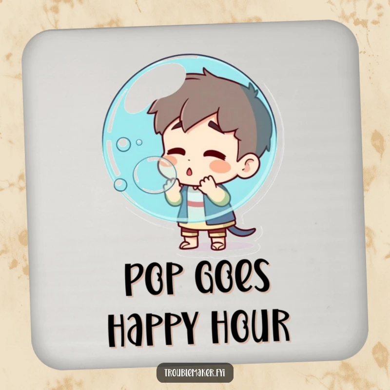 Funny troublemaker character blowing a giant bubble about to pop on a drink coaster, protecting surfaces with humorous, explosive design.