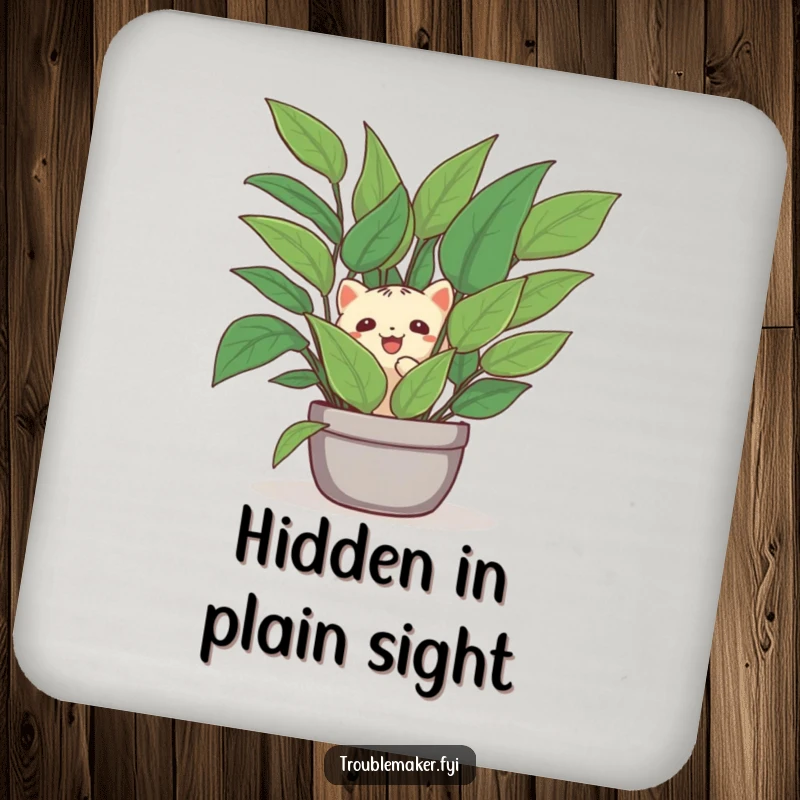 Funny drink coaster showing a creature hiding behind a houseplant, a humorous design for protecting tables with gentle wit.