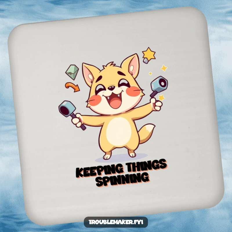 Funny Drink Coaster featuring a trouble maker animal character juggling multiple shiny objects, adding a playful touch to any surface.