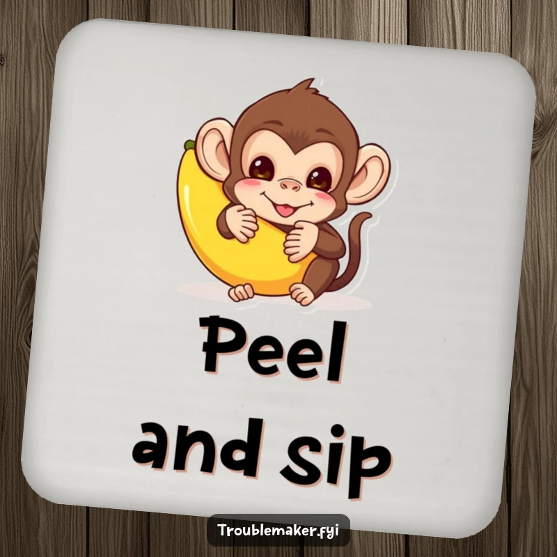 Funny drink coaster featuring a mischievous monkey hiding behind a banana peel, adding a touch of playful humor to any surface.