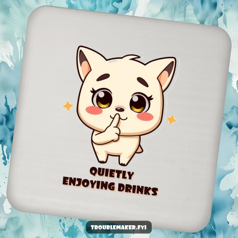 Funny drink coaster with a troublemaker character signaling quiet, adding humor to tabletops.