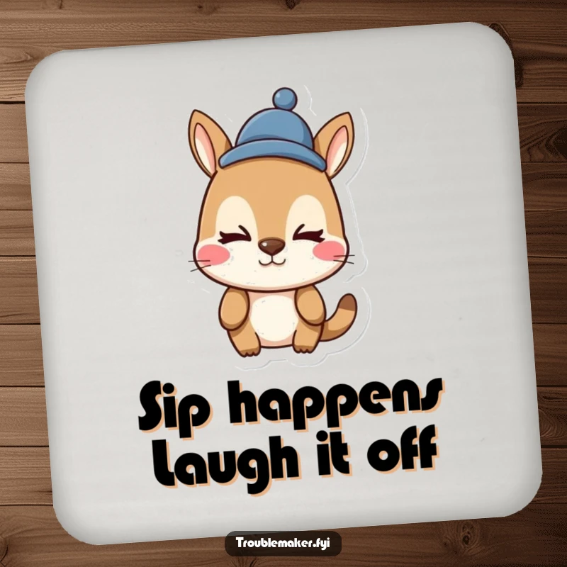 Funny animal character drink coasters, pulling a silly face, wearing a funny hat, protecting surfaces with comical flair.