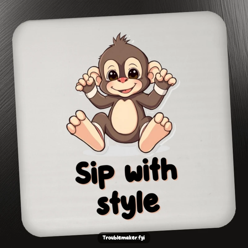 Funny drink coaster depicting a monkey character playfully wearing oversized, mismatched socks, adding quirky style and surface protection.