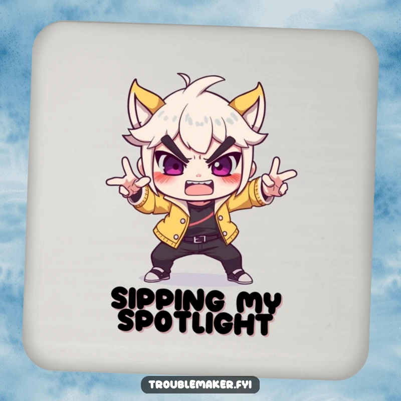 Funny troublemaker character striking a dramatic, over-the-top pose on a drink coaster, adding a humorous and theatrical element.