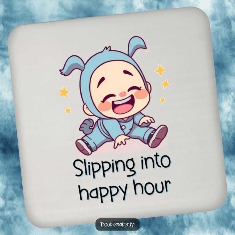 Funny troublemaker character tripping with a silly grin on a drink coaster, protecting surfaces with a humorous, chaotic design.