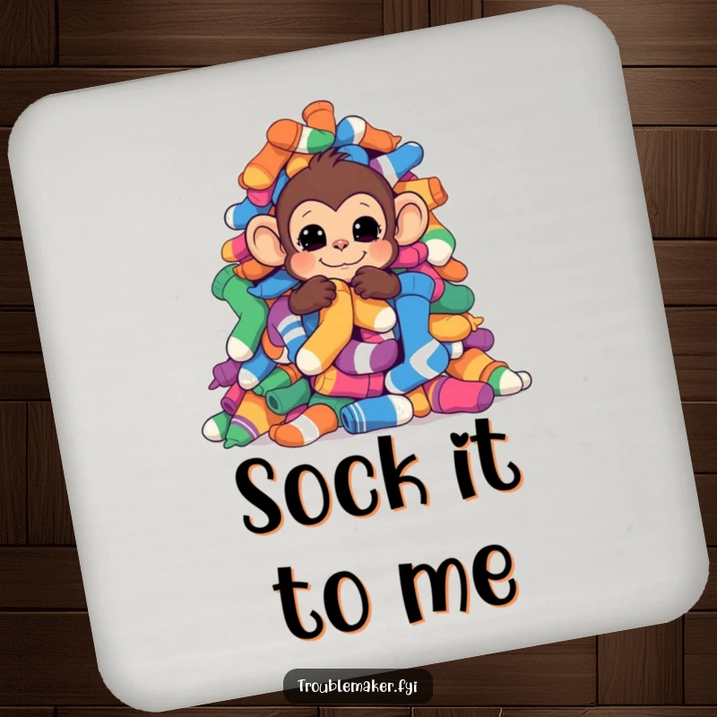 Funny monkey hiding behind colorful socks on a set of protective drink coasters.