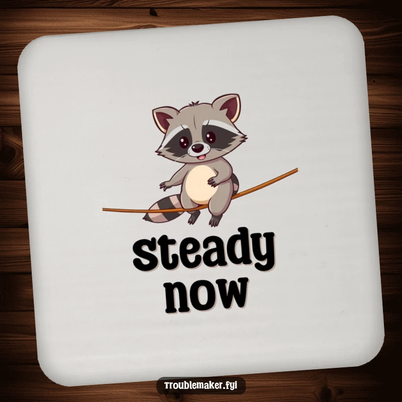 Funny coaster featuring a raccoon attempting a comical tightrope walk, protecting surfaces with humor and balance.