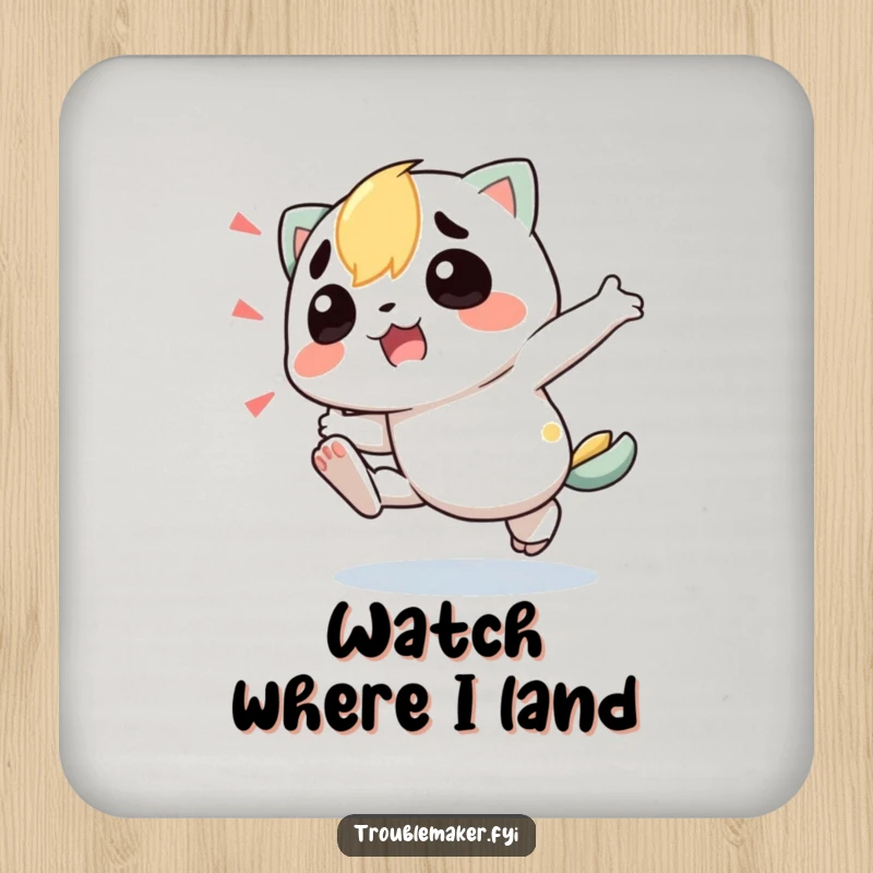 Funny Drink Coasters featuring a troublemaker character comically tripping, adding a touch of humor to any beverage setting.