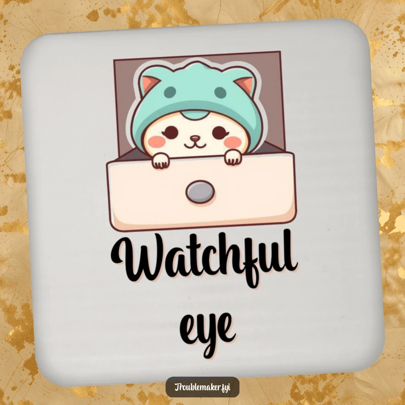Funny drink coaster featuring a mischievous animal character peeking from a slightly open drawer, adding a touch of humor and surprise.